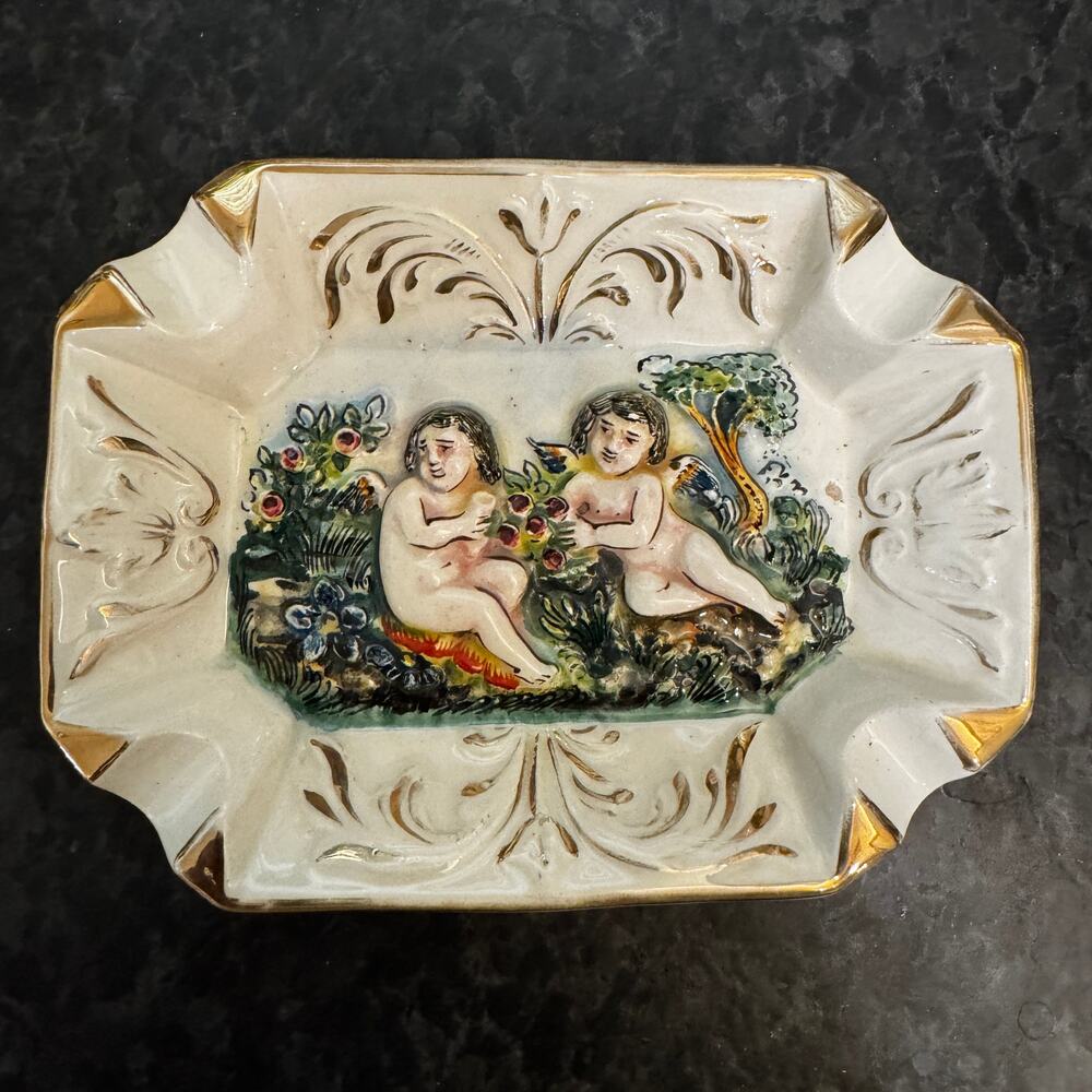 Vintage Capodimonte Italy Adam & Eve Porcelain Trinket Dish Gold Trim #3538